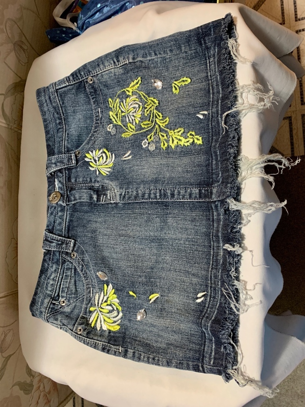 Candie's Denim Embroidered and Jeweled Mini Skirt Raw Hem - Size 9